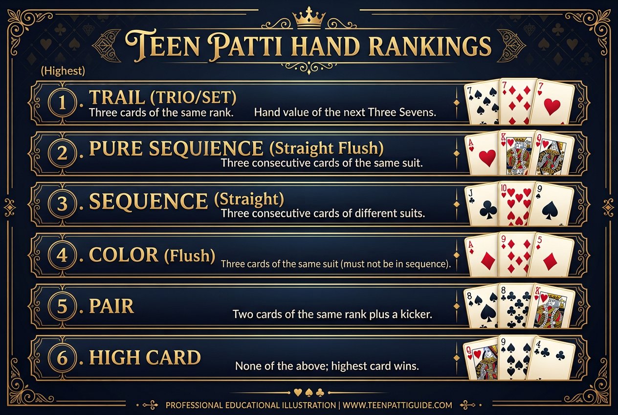 جدول رتبه‌بندی دست‌های تین پاتی از Trail تا High Card