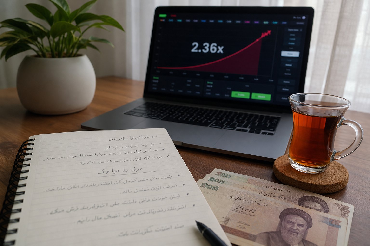 مدیریت سرمایه و یادداشت سقف سود و ضرر کنار لپتاپ برای بازی انفجار