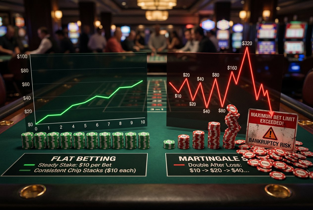 مقایسه استراتژی شرط بندی ثابت (Flat Betting) با روش پرخطر مارتینگل در بازی انفجار