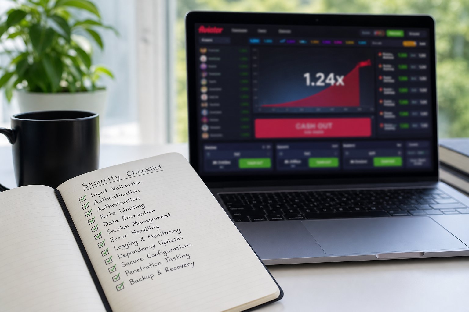 دفترچه چک‌لیست بررسی امنیت سایت در کنار لپ‌تاپ با بازی انفجار