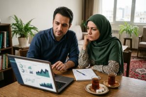 زن و مرد بزرگسال در حال بررسی نمودارها روی لپ‌تاپ در محیط خانه