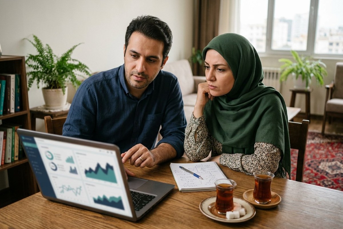 زن و مرد بزرگسال در حال بررسی نمودارها روی لپ‌تاپ در محیط خانه