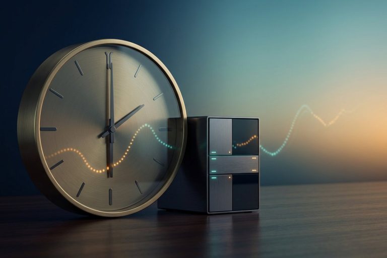 ساعت عقربه‌ای در کنار نمودار انتزاعی ضرایب بازی انفجار و سرور دیجیتال