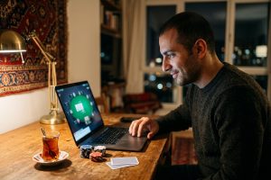 تشخیص بلوف در پوکر آنلاین؛ مرد ایرانی متمرکز مقابل میز پوکر روی لپ‌تاپ با چای و ژتون