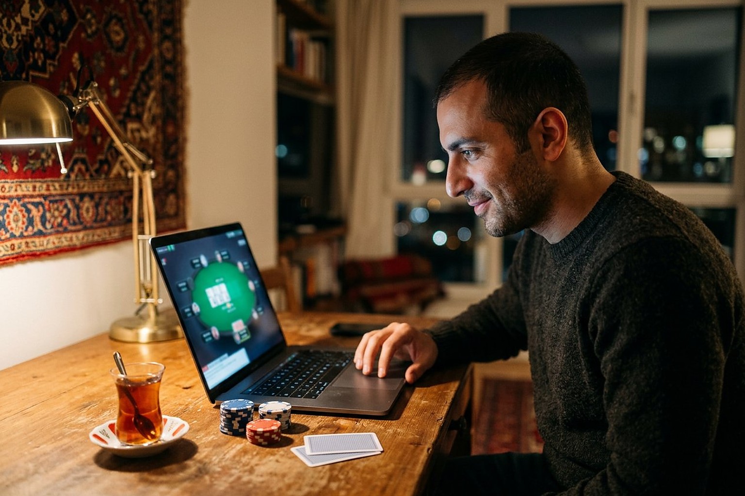 تشخیص بلوف در پوکر آنلاین؛ مرد ایرانی متمرکز مقابل میز پوکر روی لپ‌تاپ با چای و ژتون