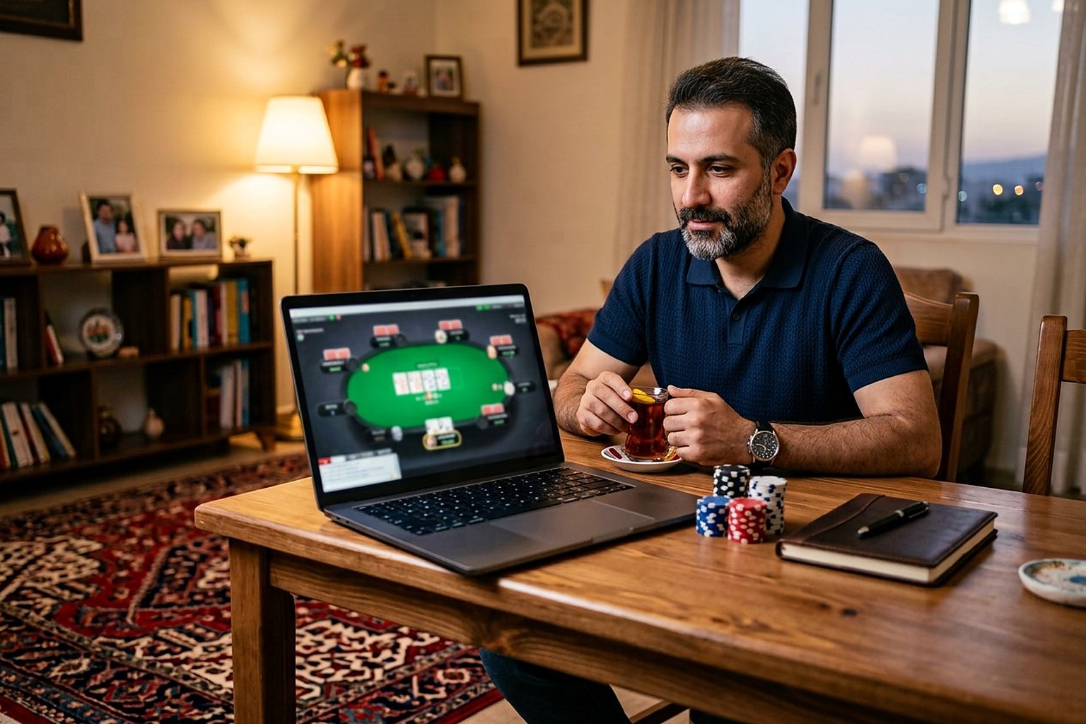 بازیکن ایرانی آرام در حال نوشیدن چای و مرور تاریخچه‌ی دست‌ها برای کنترل تیلت و مدیریت سرمایه
