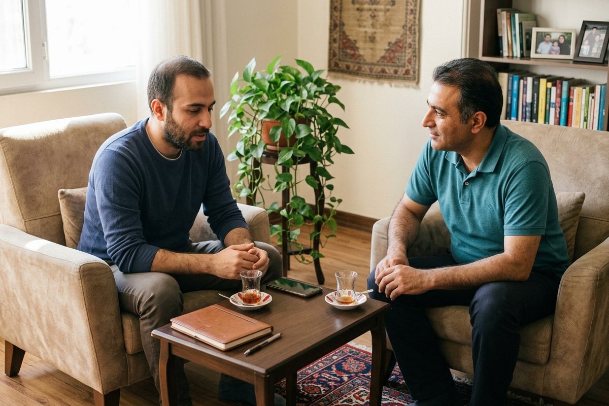 گفت‌وگوی آرام دو مرد بزرگسال در اتاق نشیمن کنار میز و چای