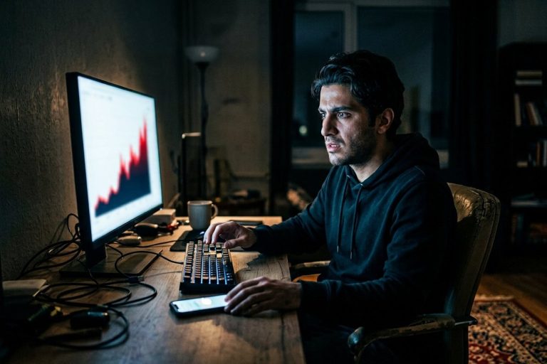 ترس از دست دادن در بازی انفجار؛ بازیکنی که زیر نور مانیتور ضریب رو به رشد را تماشا میکند