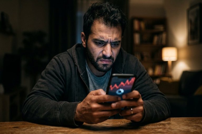 بازیکن بازی انفجار با چهره کلافه در حال نگاه کردن به گوشی و انتظار برای بارگذاری صفحه