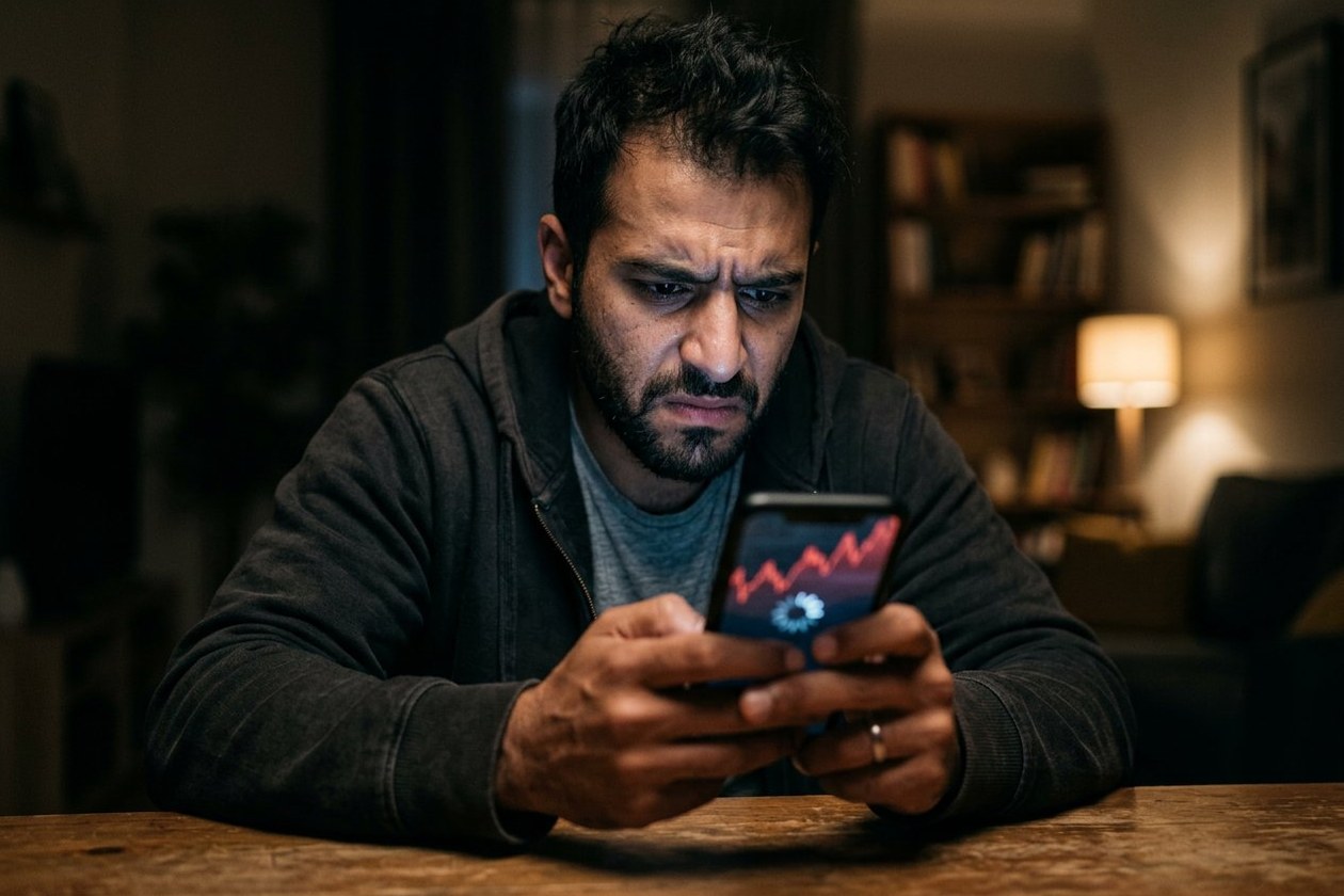 بازیکن بازی انفجار با چهره کلافه در حال نگاه کردن به گوشی و انتظار برای بارگذاری صفحه